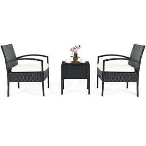 This rattan patio conversation set which will provide you a comfortable experience in your leisure time. Â  This set of outdoor furniture is made of high-quality rattan and strong steel  which is durable and has a long service life. The thick soft cushion