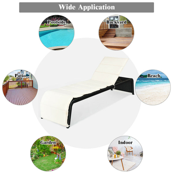 Tightly hand-woven rattan can withstand the moderate change in weather <br>The heavy-duty steel frame ensures the sturdiness of the chaise lounge <br>Adjustable backboard with five different positions <br>Soft and thick cushion for comfortable seating <br