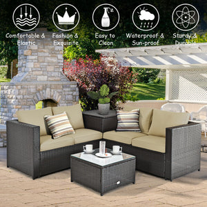 Made of rattan with good toughness and weather-resistant function<br>Reinforced steel frame with excellent stability<br>Padded seat and back cushions for soft and comfortable sitting feeling<br>Coffee table with tempered glass for strong supporting<br>End
