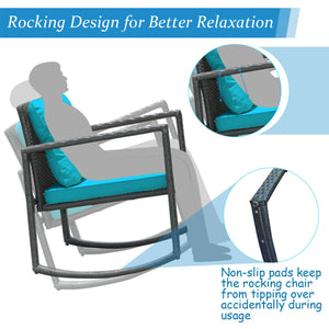 Including 1 table with tempered glass top and 2 rocking chairs <br>Sturdy and heavy steel frame ensures large weight capacity <br>High-quality PE wicker can withstand the moderate change in weather <br>Slightly sloping back and seat of the rocking chair o