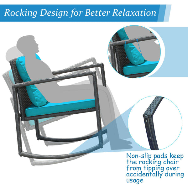 Including 1 table with tempered glass top and 2 rocking chairs <br>Sturdy and heavy steel frame ensures large weight capacity <br>High-quality PE wicker can withstand the moderate change in weather <br>Slightly sloping back and seat of the rocking chair o