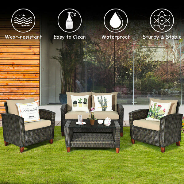 With modern and elegant appearance  the set will fit any style of decoration and decors perfectly. Â  Made of PE wicker and sturdy frame  the set has a large weight capacity and is weather-proof for durable use. Both single chair and loveseat feature ergo