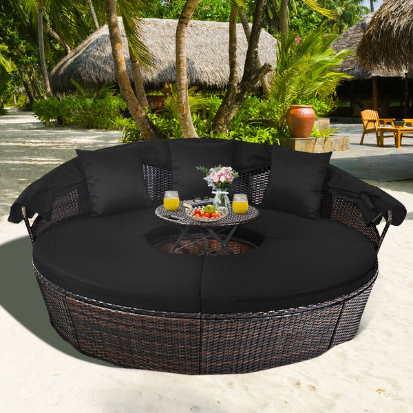 Includes: 1 x Rattan round daybed  4 x Sector cushion  3 x Pillow  1 x User guide<br>Will be delivered in 4 packages so the arriving time may vary<br>Durable and sturdy steel frame to keep stable<br>Lightweight and premium PE rattan material for long life