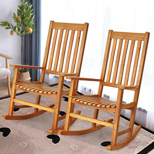This rocking chair is constructed of premium acacia wood  which is corrosion-resistant and durable to support your long-term use. Â  Designed with contoured slatted seat  high back and widened armrest  the chair will give you comfortable sitting feeling t
