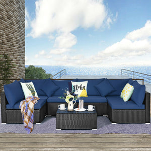 Free combination of sectional sofa as per your needs<br>Solid structure with L shape aluminum feet<br>Exquisite PE wicker frame adds unique charm<br>Comfortable sofa set with thick cushions and soft pillows<br>The cover of seat cushion is removable and wa