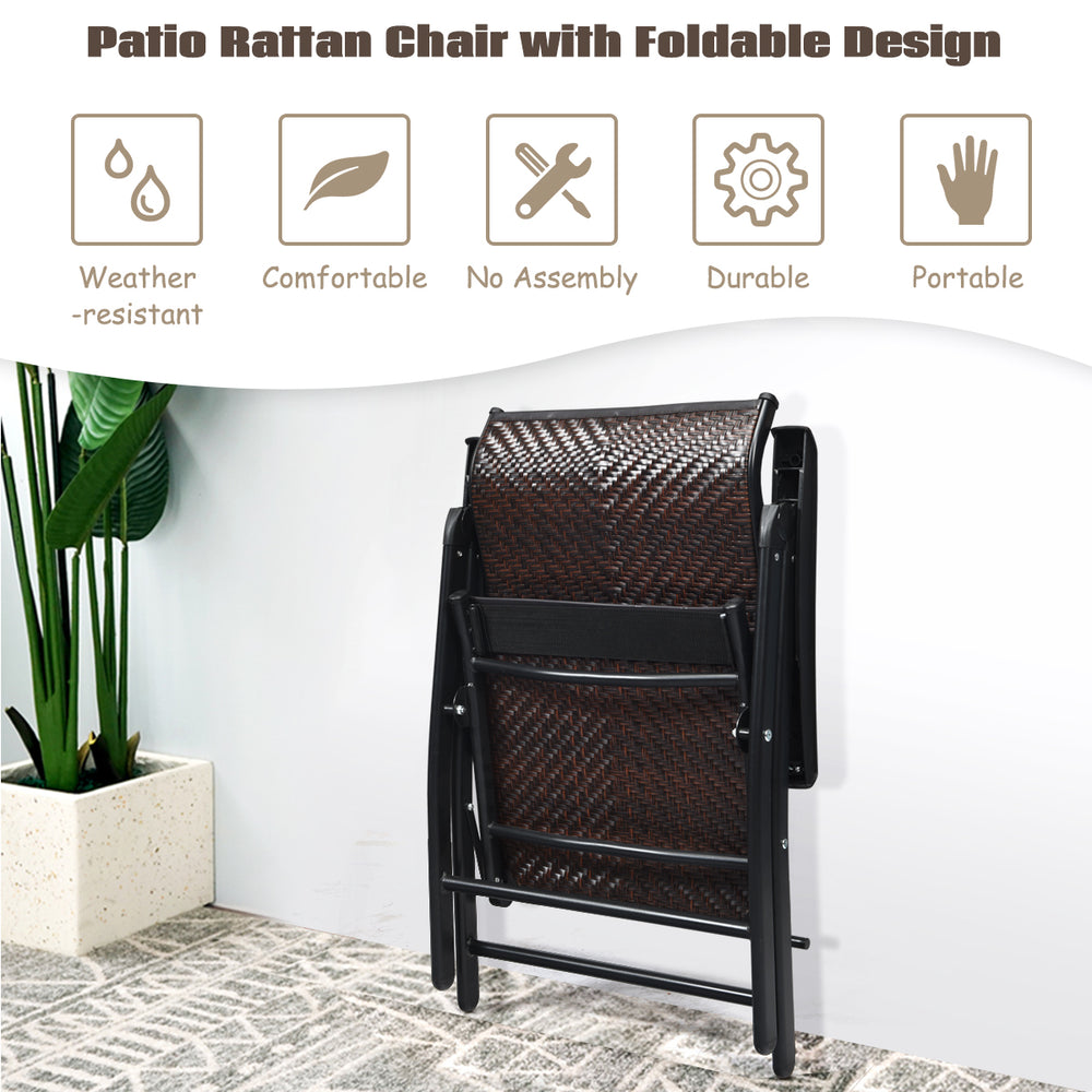 This folding rattan chair is perfect for indoor or outdoor leisure time with your family or friends in backyard  garden  poolside and more. Â  Made of high-standard steel frame with powder-coated finish  this chair has high stability and strong durability
