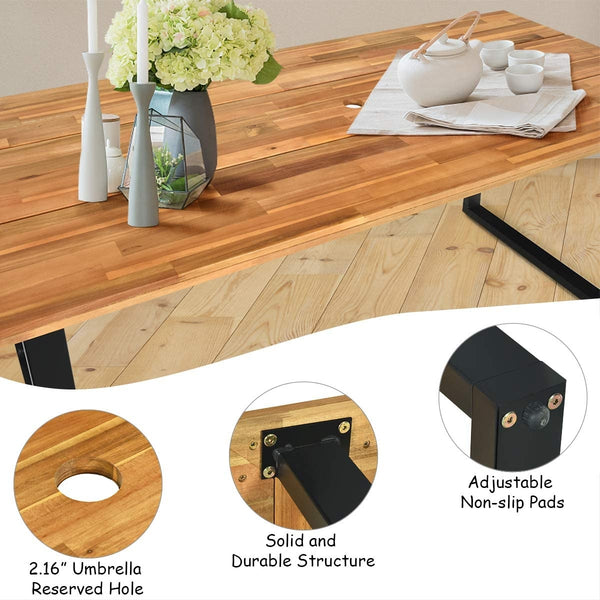 Table made of premium acacia wood and steel frame  sturdy and durable <br>Unique leg structure offers powerful support and stability <br>Weather-resistant and waterproof rattan chairs  easy to clean <br>Wide armrest of acacia wood top for extra comfort <b