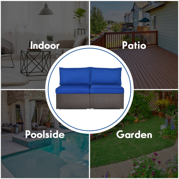 Power coated and solid steel frame adds sturdiness<br>Tight and hand-woven rattan to withstand change of weather<br>Two of the armless chairs can be used separately<br>Aluminum foot pads protect bottom rattan from scratching<br>Can be added to the same st