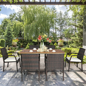 PE wicker and powder-coated steel frame ensure weather resistance<br>High-quality acacia wood enhances the sturdiness<br>Plastic foot pads protect the floor from scratches<br>Spacious table and 6 seats can fully meet the needs<br>Ergonomic armchair with b