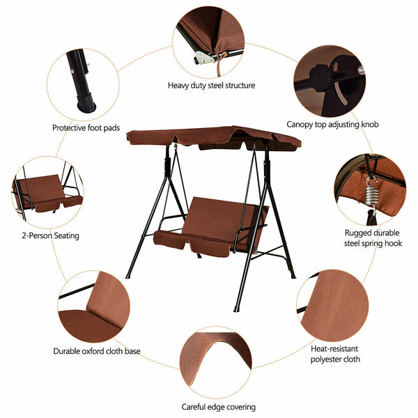 Brand New And High Quality<br>Outdoor Loveseat Swing Chair<br>Providing Two Comfortable Seats<br>With A Waterproof Top Canopy  Protecting You From Ultraviolet Ray And Drizzle<br>Black Steel Frame  Durable And Sturdy<br>With Seat And Back Cushion Add Comfo