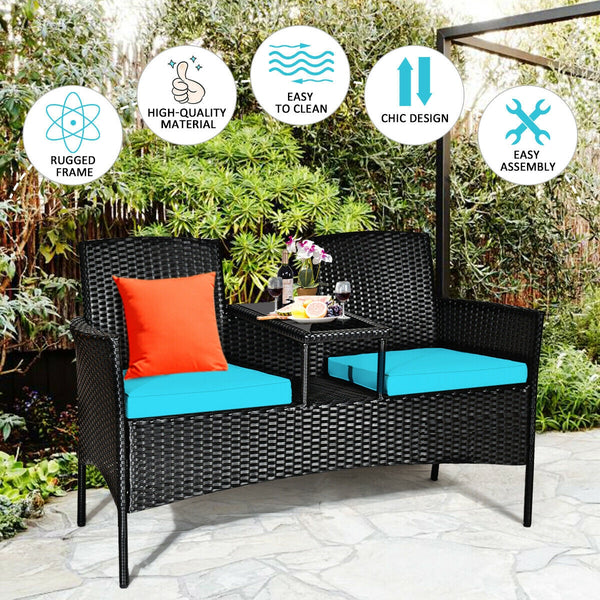 Rugged steel frame is durable and sturdy<br>High-quality rattan is weather-resistant and fade-resistant<br>Tempered glass table top is fixed by powerful suckers<br>Soft seat cushions is filled with high-density sponge<br>The zippered cover is removable an