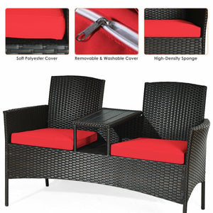 Made of high quality rattan with strong built-in frame structure<br>Poly table top is durable and safe to use<br>Trapezoid coffee table between two seats is practical<br>Cozy thick cushions double your comfy<br>The cushion cover with zipper is removable a