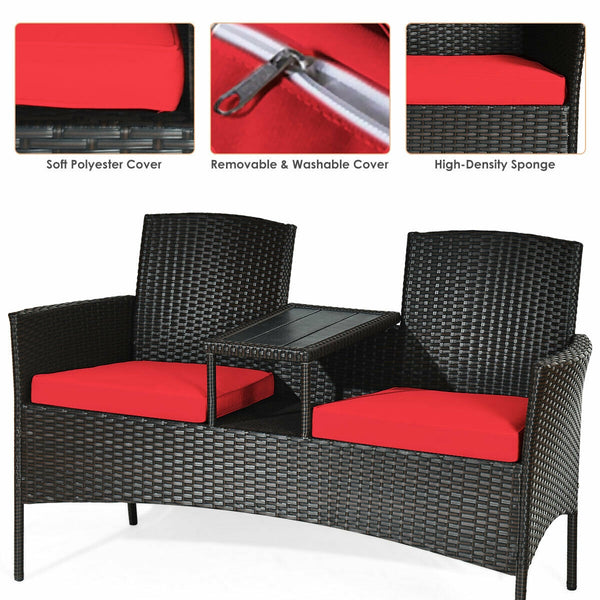 Made of high quality rattan with strong built-in frame structure<br>Poly table top is durable and safe to use<br>Trapezoid coffee table between two seats is practical<br>Cozy thick cushions double your comfy<br>The cushion cover with zipper is removable a