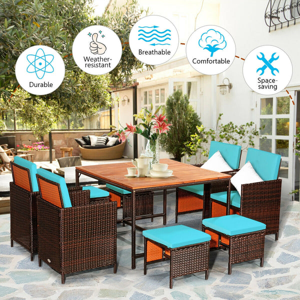 Made of PE wicker and sturdy steel frame ensuring weather resistance<br>Acacia wood tabletop makes sure the sturdiness and durability<br>Suitable for outdoor use with umbrella hole design<br>Cushioned seats with wide backrest bring you a comfortable exper