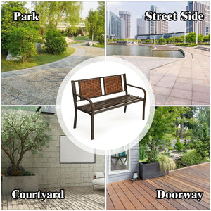 Enjoy your comfortable outdoor time with your friends or family members with this patio garden bench. Â  It is made of all weather PE rattan and powder coated steel frame  which ensure the durability and sturdiness for long servicing life. Meanwhile  the 