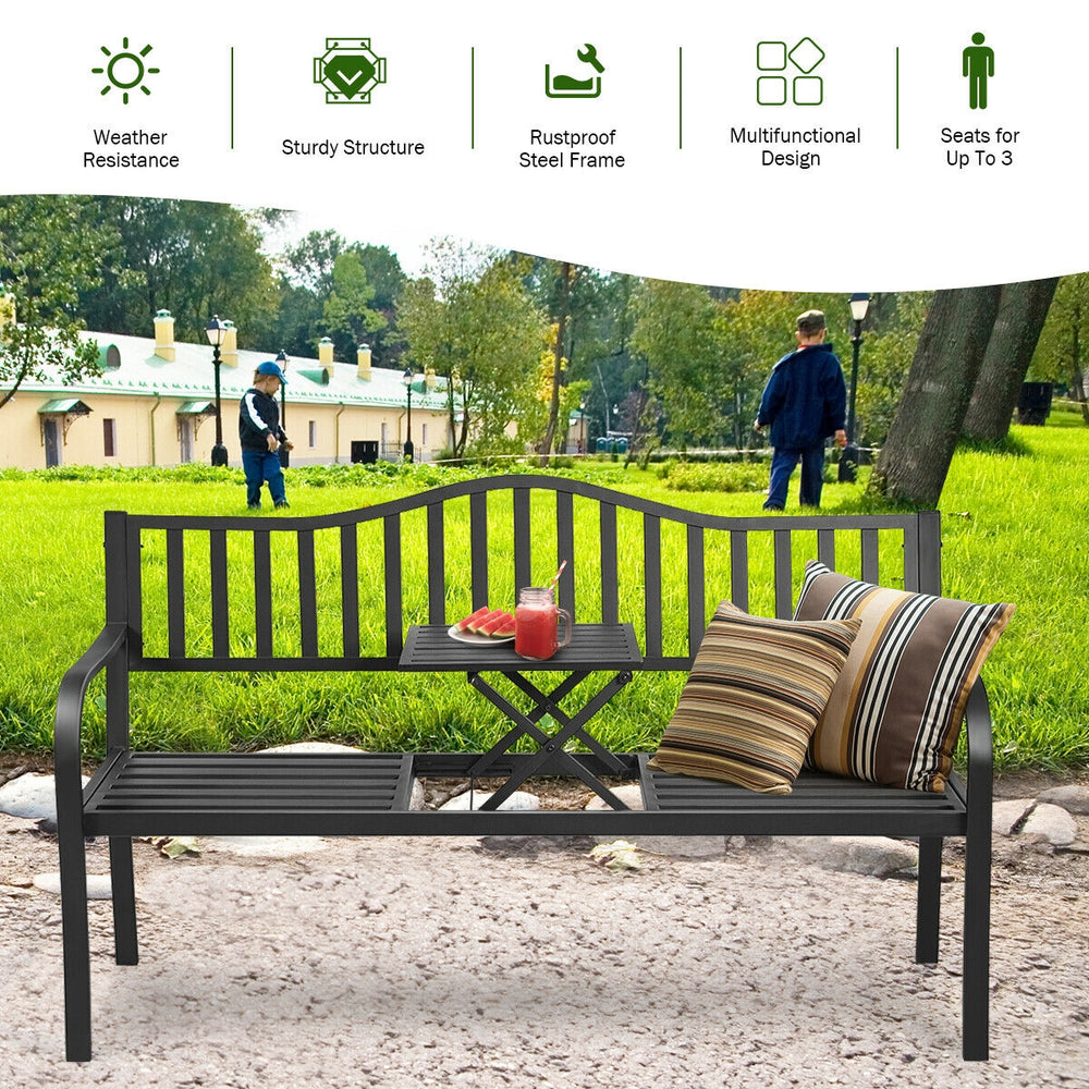 The practical garden bench provides you and your family or friends with the best place to relax. Â  The bench is made of rustproof powder-coated steel frame  which ensures durability and sturdiness for long servicing life. Besides  unique legs and non-sli