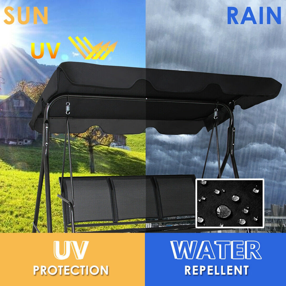 Able to comfortably sit and swing 3 people independently <br>Made of a high quality  weather-resistant steel frame with wide  sturdybase <br>Adjustable canopy design for optimal shade coverage and rain protection <br>Comfortable angle and well-ventilated 