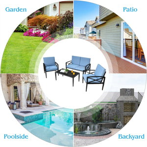 Have an intimate lounge time with this outdoor sofa set! Â  The patio sofa set is made up of 1 side table  2 single sofas and 1 loveseat with ample resting room. Each seat is cushioned with high density sponge covering with breathable and soft fabric. And