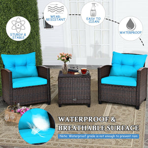 The strong and sturdy steel frame ensures the sturdiness of the set<br>Hand-woven rattan can withstand moderate rain or wind in outdoor<br>A wide armrest in suitable height is good for supporting and relaxing your arm<br>Thick and soft cushion with a high