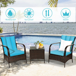 Durable and sturdy rattan and steel materials for long service time<br>The thick sponged cushion is soft and the cover is washable<br>Weatherproof materials ensure the furniture set is placed outside all year round<br>The coffee table has a tempered glass