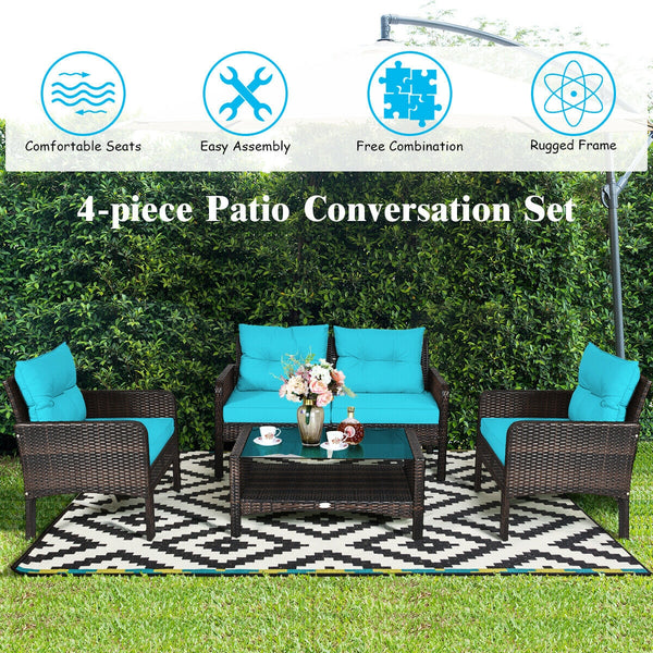 The rugged frame ensures sturdiness and stableness<br>Functional and beautiful design perfect for garden  backyard  and balcony<br>Rattan coffee table with tempered glass top and large storage space<br>Thick and comfortable cushions with removable cover<b