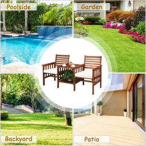 The functional loveseat brings color and pleasure to your outdoor space. Â  Made of premium acacia wood  this set has sturdy and durable construction. Paired with soft sponge cushions and high backrests  this conversation set provides upgraded comfort for
