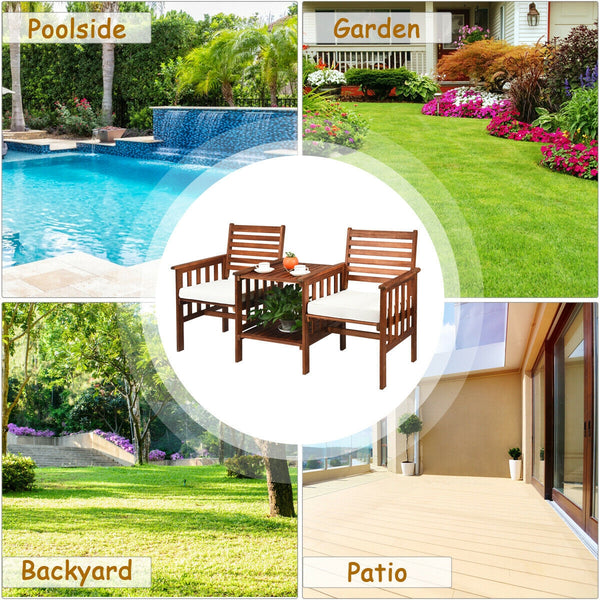 The functional loveseat brings color and pleasure to your outdoor space. Â  Made of premium acacia wood  this set has sturdy and durable construction. Paired with soft sponge cushions and high backrests  this conversation set provides upgraded comfort for