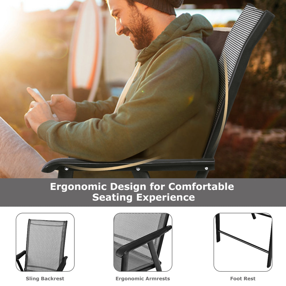 High quality and brand new <br>4 pieces folding textilene chairs with armrest <br>Steel frame  sturdy and durable <br>Folding feature  easy and simple to store or transport <br>Perfect for family gathering  party and outdoor camping <br>No assembly need 