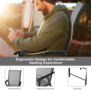 High quality and brand new <br>4 pieces folding textilene chairs with armrest <br>Steel frame  sturdy and durable <br>Folding feature  easy and simple to store or transport <br>Perfect for family gathering  party and outdoor camping <br>No assembly need 