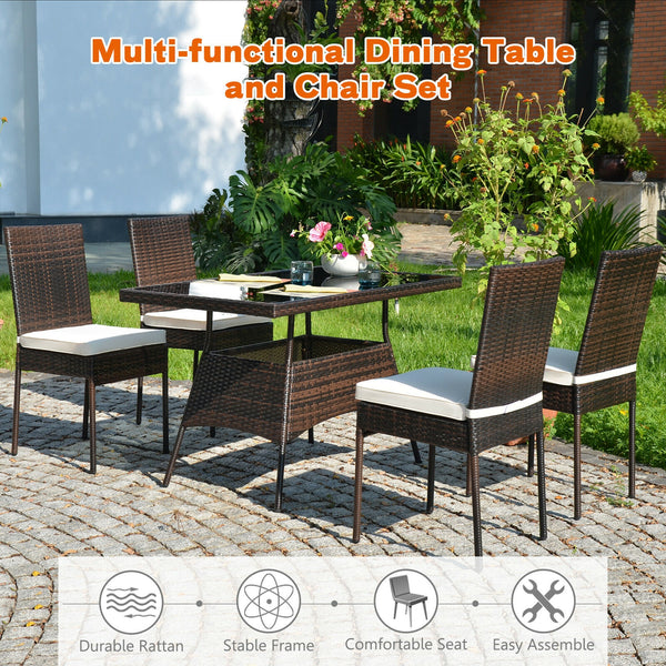 High-quality steel materials can ensure to last<br>Durable and weather-resistant PE rattan provides a long service life<br>The dining table with a tempered glass top provides spacious dining space<br>The cushions with hook and loop fasteners make you feel
