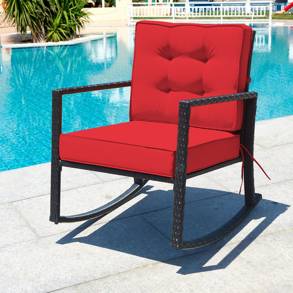 Sturdy and durable frame with exquisite rattan <br>Comfortable and safe rocking function <br>Thick and soft cushion for seat and back <br>Cushions are fixed by strings to prevent a move <br>Pads at the bottom can avoid sliding and protect rattan <br>Desig