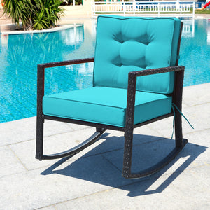 Sturdy and durable frame with exquisite rattan <br>Comfortable and safe rocking function <br>Thick and soft cushion for seat and back <br>Cushions are fixed by strings to prevent a move <br>Pads at the bottom can avoid sliding and protect rattan <br>Desig