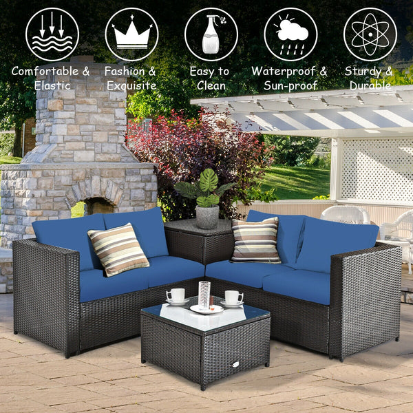 Made of rattan with good toughness and weather-resistant function<br>Reinforced steel frame with excellent stability<br>Padded seat and back cushions for soft and comfortable sitting feeling<br>Coffee table with tempered glass for strong supporting<br>End