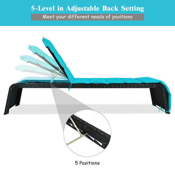 Tightly hand-woven rattan can withstand the moderate change in weather <br>The heavy-duty steel frame ensures the sturdiness of the chaise lounge <br>Adjustable backboard with five different positions <br>Soft and thick cushion for comfortable seating <br