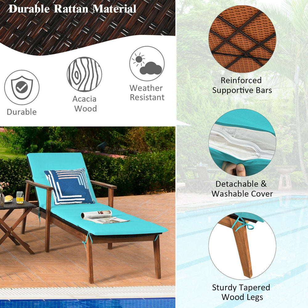 Adjustable fully reclining design with simple locking system <br>All-weather resistant rattan featuring sturdy wood construction <br>Very convenient to enjoy a warm sunshine at the pool or beach <br>Full padded and cushion offer you a comfortable experien