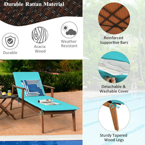 Adjustable fully reclining design with simple locking system <br>All-weather resistant rattan featuring sturdy wood construction <br>Very convenient to enjoy a warm sunshine at the pool or beach <br>Full padded and cushion offer you a comfortable experien