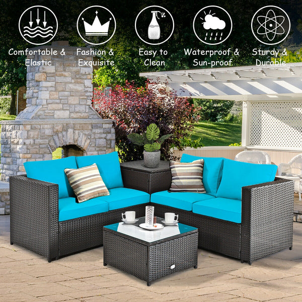 Made of rattan with good toughness and weather-resistant function<br>Reinforced steel frame with excellent stability<br>Padded seat and back cushions for soft and comfortable sitting feeling<br>Coffee table with tempered glass for strong supporting<br>End