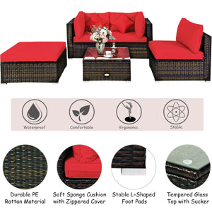 Including 1 armless sofa  2 corner sofas  1 ottoman  and 1 coffee table for a versatile use<br>Sturdy steel frame and durable PE rattan for long time use<br>4'' thick cushions to provide extraordinary comfort<br>Equipped with 2 extra soft pillows for bett