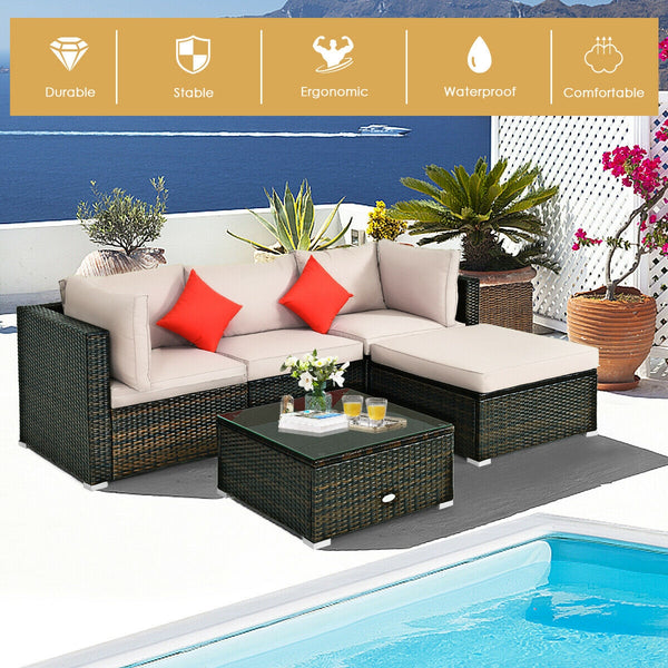 Including 1 armless sofa  2 corner sofas  1 ottoman  and 1 coffee table for a versatile use<br>Sturdy steel frame and durable PE rattan for long time use<br>4'' thick cushions to provide extraordinary comfort<br>Equipped with 2 extra soft pillows for bett