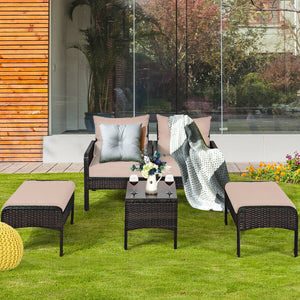 Includes 2 single chairs  2 ottomans and a side table<br>Heavy-duty metal frame with great sturdiness<br>All-weather PE rattan durable for outdoor use<br>Long-lasting tempered glass table smooth for wiping<br>3" thick cushions for excellent softness<br>Re