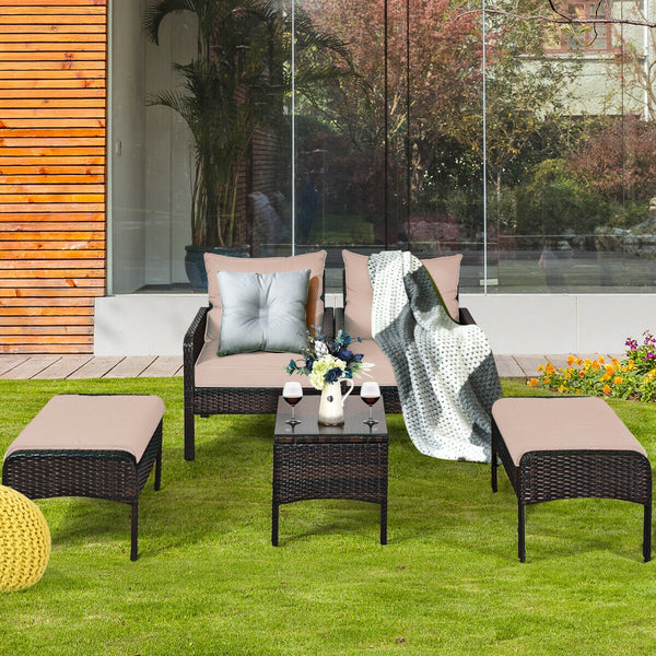 Includes 2 single chairs  2 ottomans and a side table<br>Heavy-duty metal frame with great sturdiness<br>All-weather PE rattan durable for outdoor use<br>Long-lasting tempered glass table smooth for wiping<br>3" thick cushions for excellent softness<br>Re