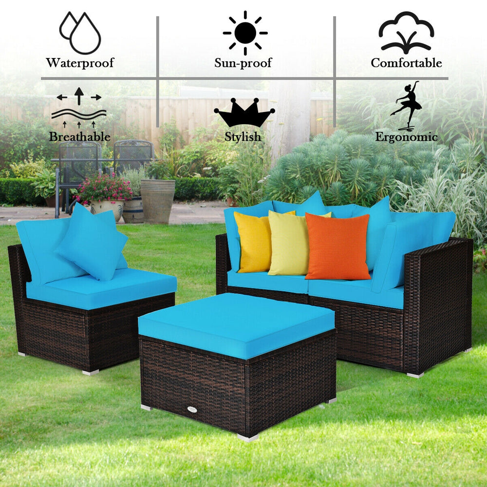 Includes 2 corner sofas  1armless table and 1 ottoman for versatile use<br>Sturdy powder-coated steel frame provides strong durability and stability<br>All-weather and wear-resistant PE rattan provides a long service life<br>Thick and soft sponge padded c