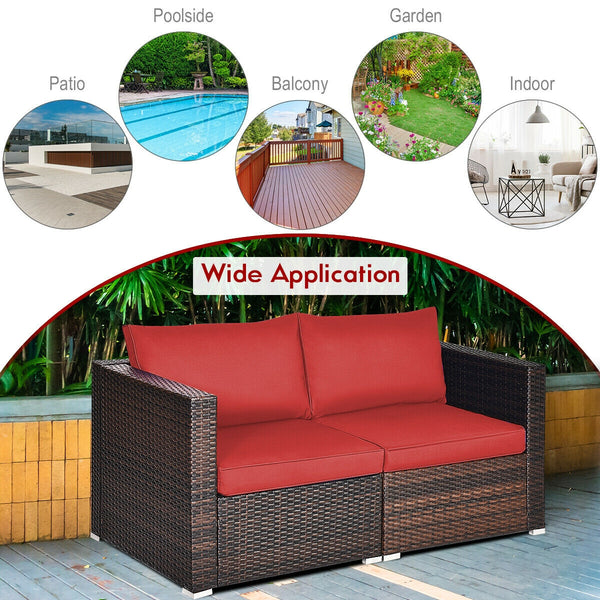 Power coated and solid steel frame adds sturdiness and durability<br>Tight and hand-woven rattan to withstand change of weather<br>2 of the corner sofas can be used separately<br>Aluminum foot pads protect bottom rattan from scratching<br>Wide armrest for