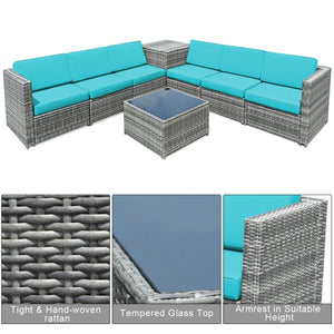 Including 6 sofas  1 storage box  1 coffee table  6 seat cushions and 6 back cushions <br>Sturdy iron frame and premium rattan for better durability <br>Large load-bearing capacity-- 360 lbs for each sofa and 110 lbs for coffee table <br>A storage box as 