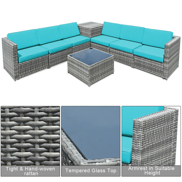 Including 6 sofas  1 storage box  1 coffee table  6 seat cushions and 6 back cushions <br>Sturdy iron frame and premium rattan for better durability <br>Large load-bearing capacity-- 360 lbs for each sofa and 110 lbs for coffee table <br>A storage box as 