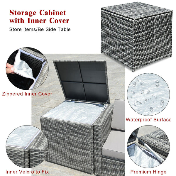 Including 6 sofas  1 storage box  1 coffee table  6 seat cushions and 6 back cushions <br>Sturdy iron frame and premium rattan for better durability <br>Large load-bearing capacity-- 360 lbs for each sofa and 110 lbs for coffee table <br>A storage box as 