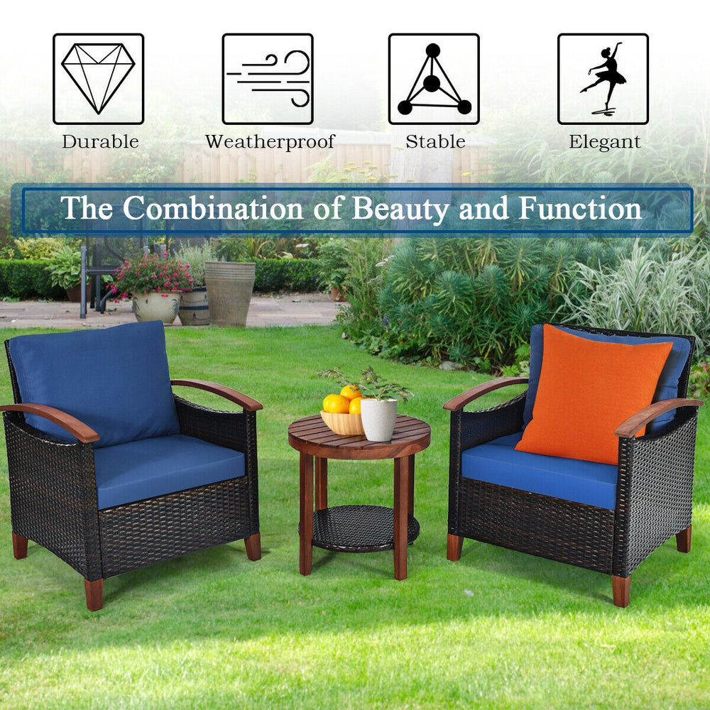 Made of tightly woven all-weather rattan to ensure durability<br>Acacia wood frame and thickened legs provide powerful support<br>The space-saving table can be used as an end table  side table  or coffee table<br>Thick cushions filled with premium sponge 