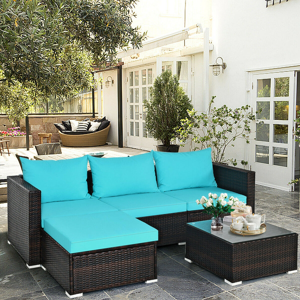 Package includes: 2 Corner chairs  1 Armless chair  1 Ottoman  1 Coffee table  4 Seat cushions  3 Back cushions  1 Instruction <br>Power-coated and solid steel frame adds sturdiness to the set <br>Tight and hand-woven rattan wraps the steel frame <br>Spac