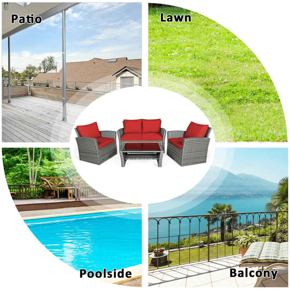 Includes 2 armchairs  1 loveseat and 1 coffee table for versatile use<br>Sturdy power coated steel frame provides strong durability and stability<br>Thick tempered glass tabletop to hold your drinks  meals and more<br>Coffee table with a spacious shelf pr