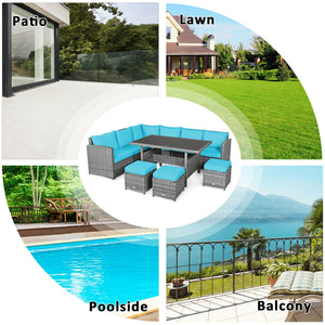 Packages include 3 loveseats  3 ottomans  1 table  6 seat cushions  7 back cushions  and instruction<br>Packages come in 4 boxes<br>Powder-coated steel structure provides strong durability and stability<br>All-weather and wear-resistant rattan ensures lon